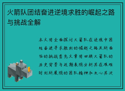 火箭队团结奋进逆境求胜的崛起之路与挑战全解