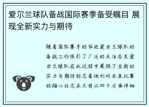 爱尔兰球队备战国际赛季备受瞩目 展现全新实力与期待