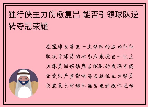 独行侠主力伤愈复出 能否引领球队逆转夺冠荣耀